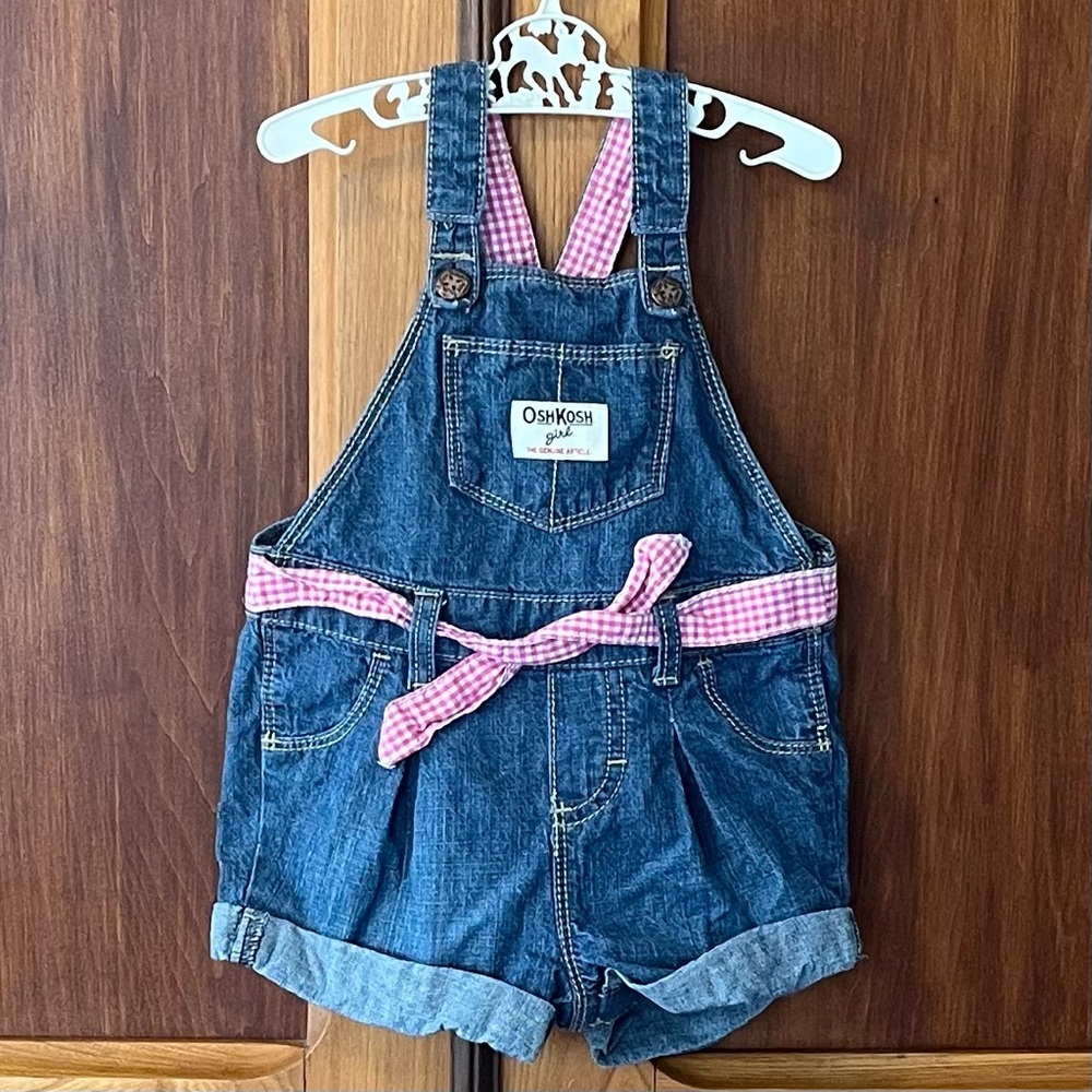 OshKosh B'gosh Pink Gingham Accents Denim Shortalls Overalls Baby Girl 12M